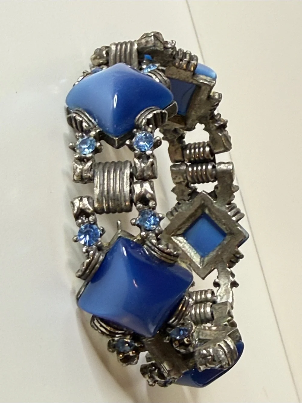 Blue diamond shape moonglow rhinestone chunky gunmetal Vintage Bracelet art deco